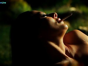 steamy Sandra Romain smokes a ciggie and jacks